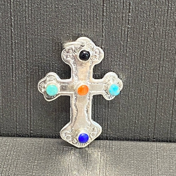 Multi stone sterling cross pendant - Picture 1 of 2